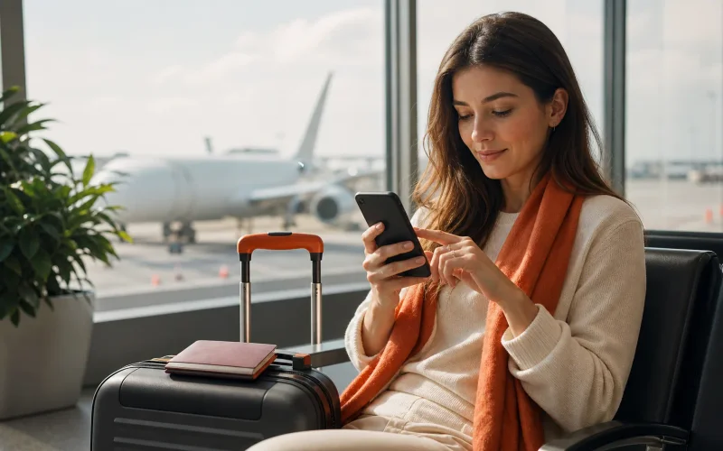Traveler preparing an eSIM for international travel before departure.